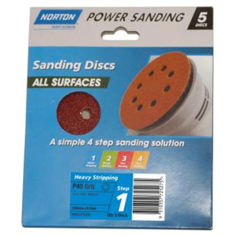 SANDING DISC 150MM 40 GRIT 8 HOLE PKT 5 NORTON