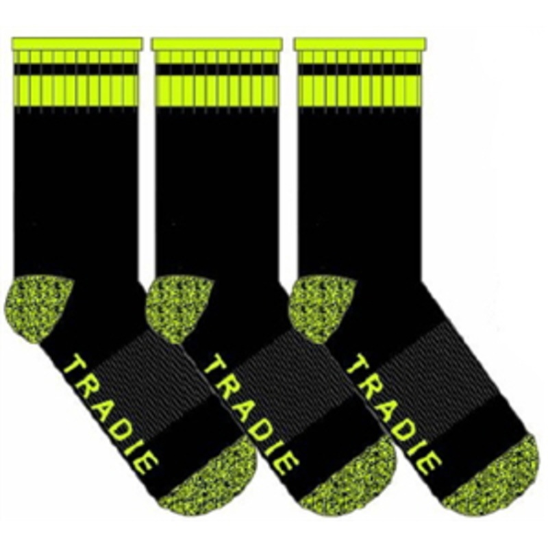 SOCK ACRYLIC BLACK/FLUORO 11-13 PKT 3 TRADIE