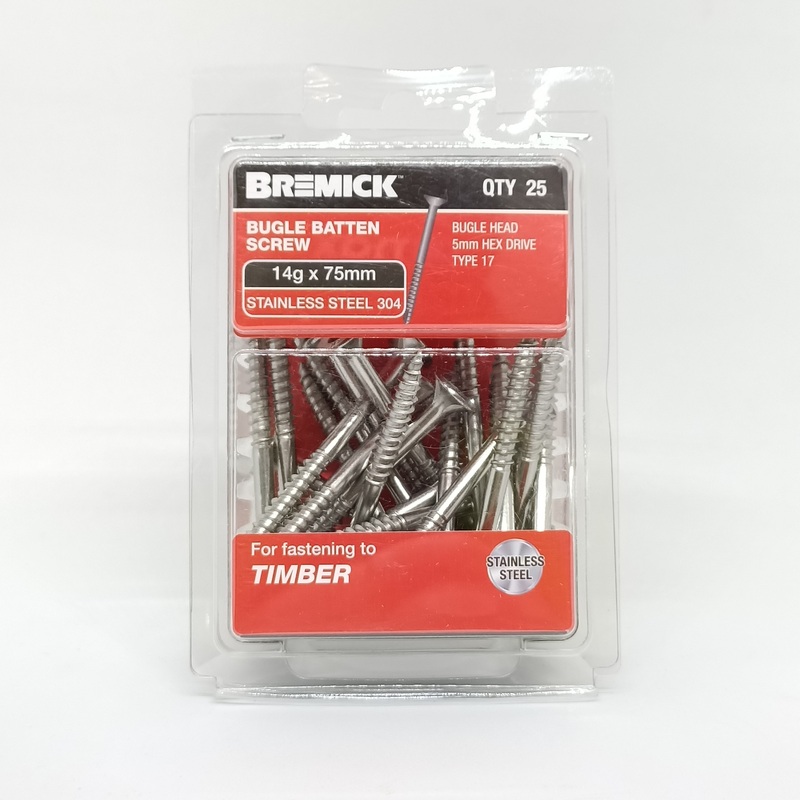 SCREW BATTEN SS 14G X 75MM PKT 25 BREMICK 053474