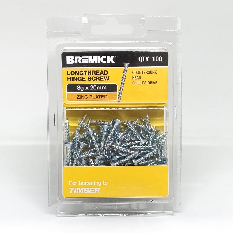 SCREW LONGTHREAD HINGE ZP 8G X 20MM PKT 100 BREMICK 112768