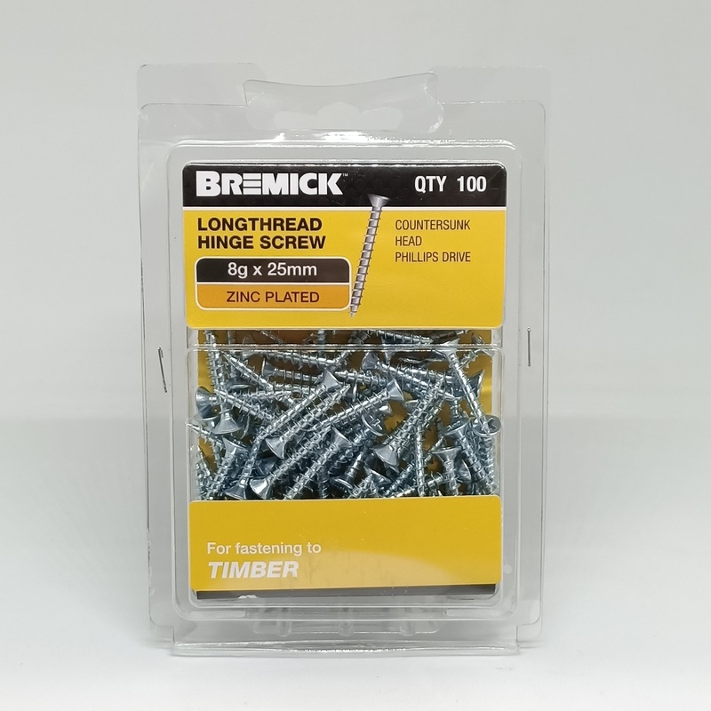 SCREW LONGTHREAD HINGE ZP 8G X 25MM PKT 100 BREMICK 112775