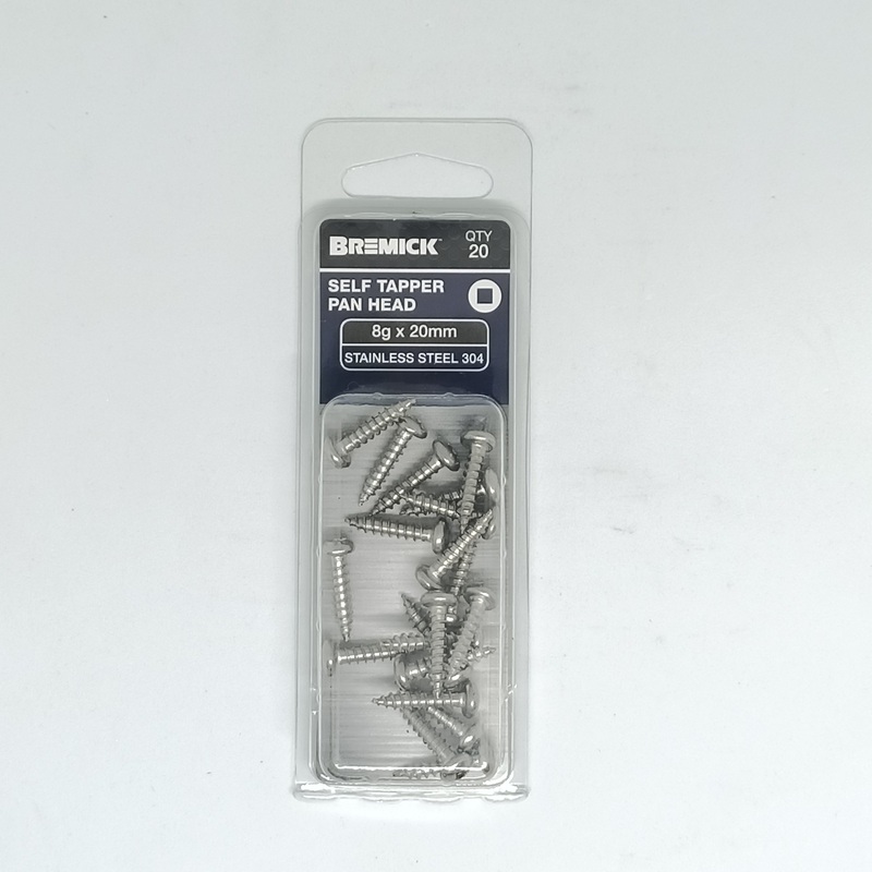 SCREW STAINLESS PAN HEAD SQ DRIVE 8G X 20MM PKT 20 BREMICK 348297