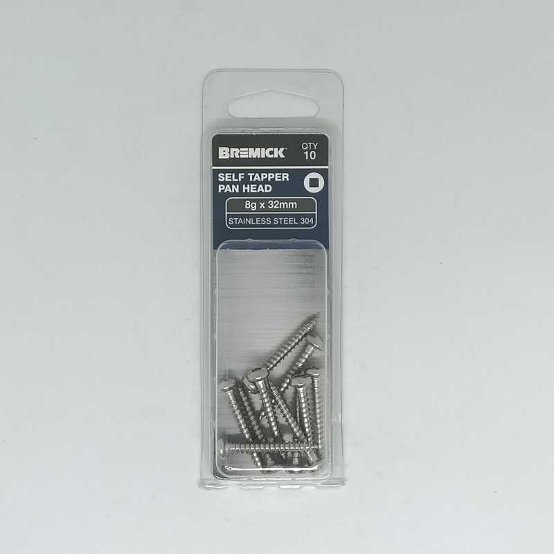 SCREW STAINLESS PAN HEAD SQ DRIVE 8G X 32MM PKT 10 BREMICK 348310