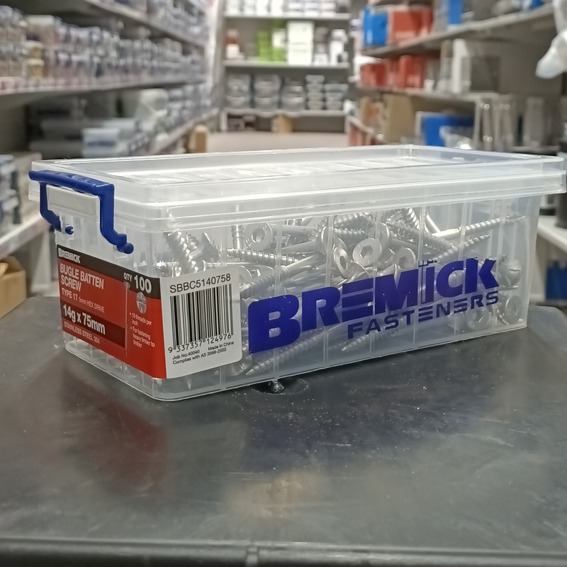 SCREW BATTEN SS 14G X 75MM BOX 100 BREMICK 124976