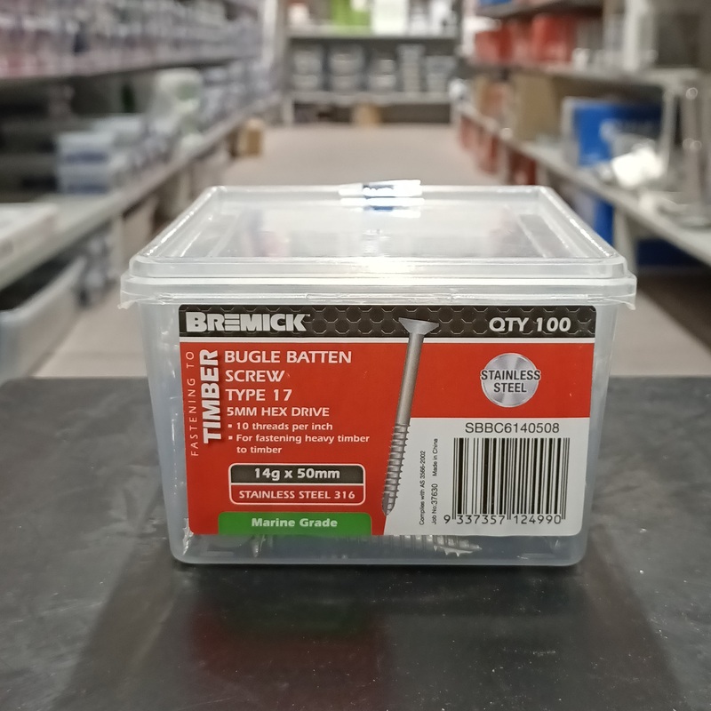 SCREW BATTEN SS 316 14G X 50MM BOX 100 BREMICK 124990