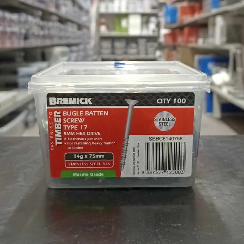 SCREW BATTEN SS 316 14G X 75MM BOX 100 BREMICK 125003