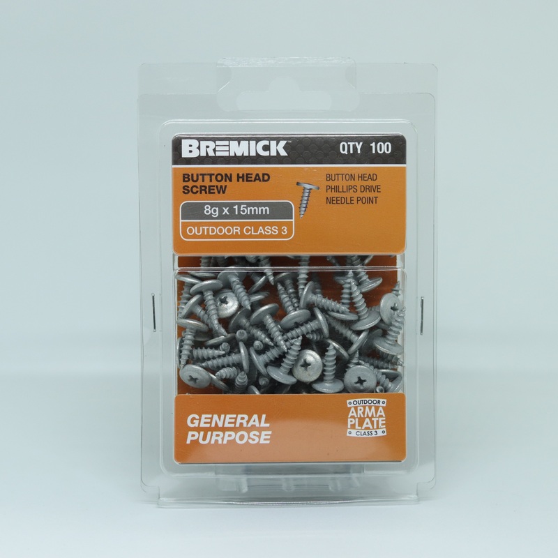 SCREW BUTTON GP C3 8G X 15MM PKT 100 BREMICK 053580