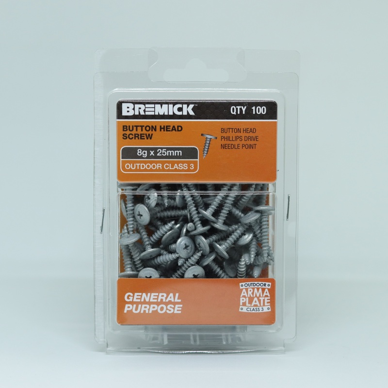 SCREW BUTTON GP C3 8G X 25MM PKT 100 BREMICK 053597