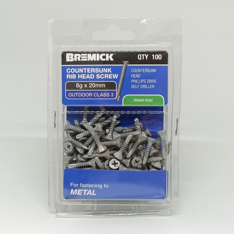SCREW CSK RIB HEAD METAL C3 8G X 20MM PKT 100 BREMICK 007910
