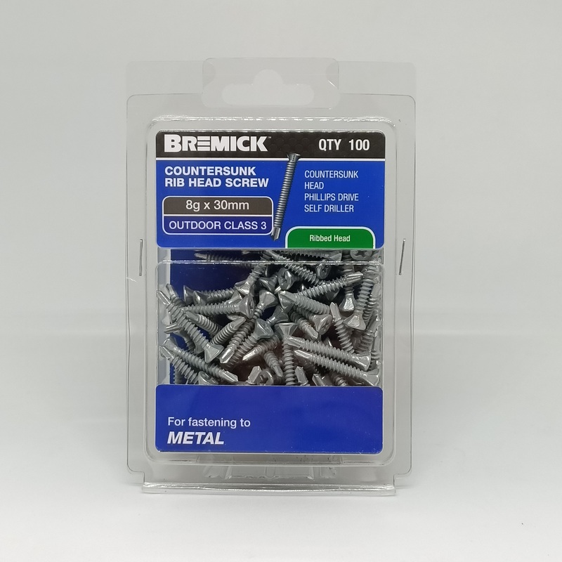 SCREW CSK RIB HEAD METAL C3 8G X 30MM PKT 100 BREMICK 007934