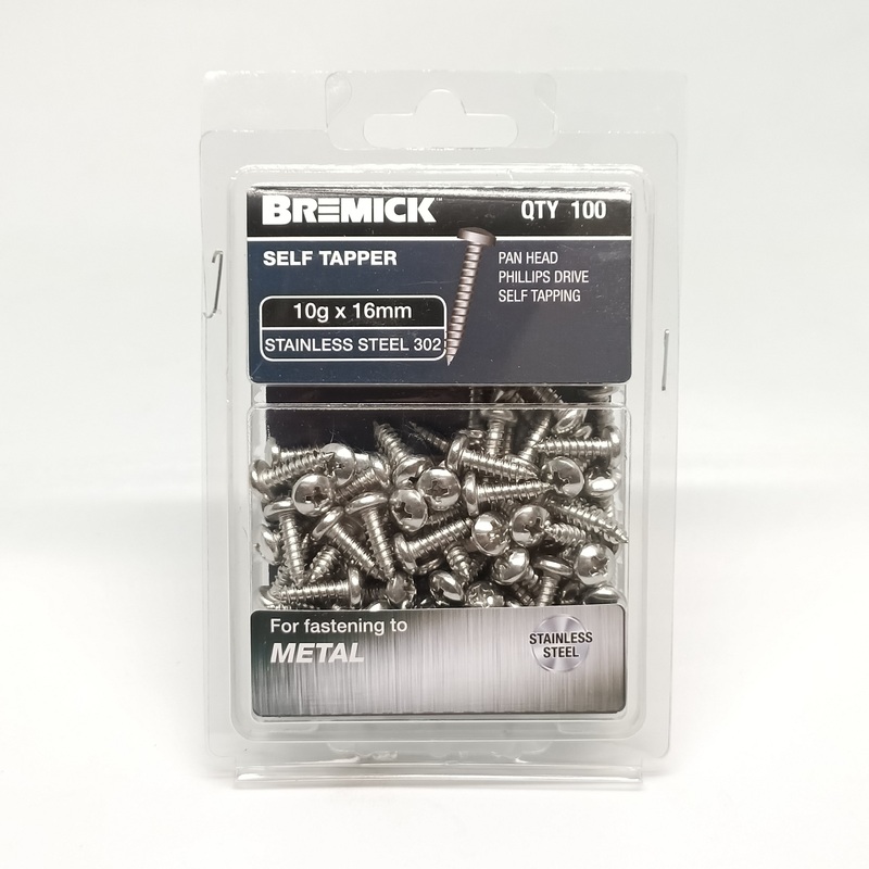 SCREW PAN HEAD SS 10G X 16MM PKT 100 BREMICK 112942