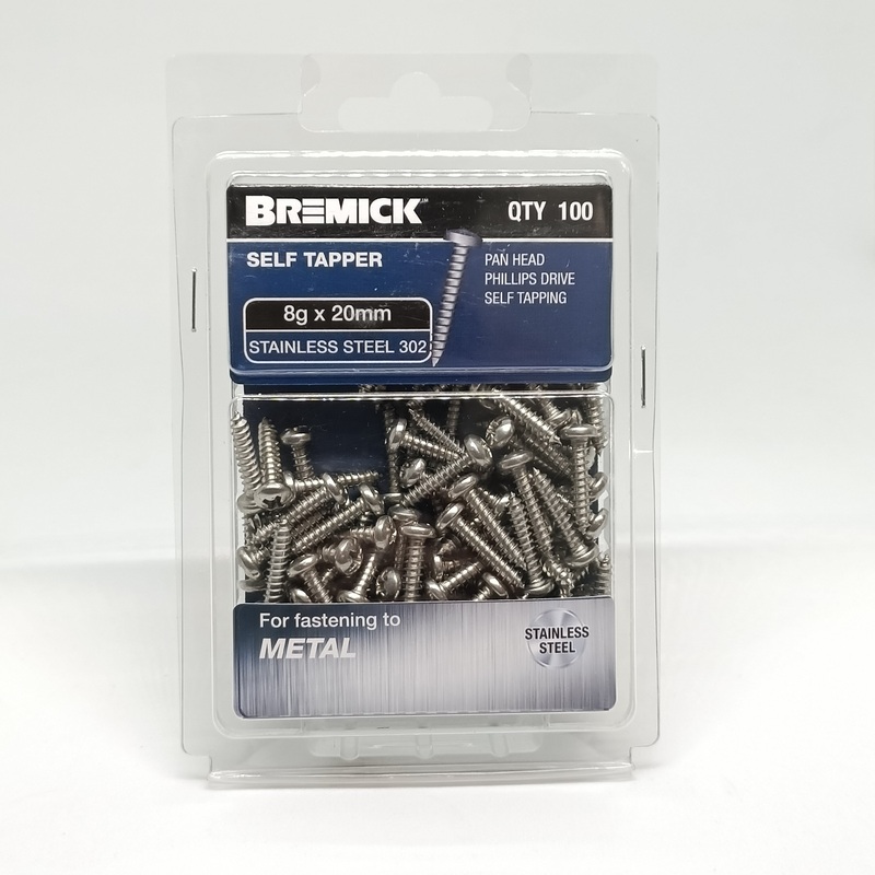SCREW PAN HEAD SS 8G X 20MM PKT 100 BREMICK 112904