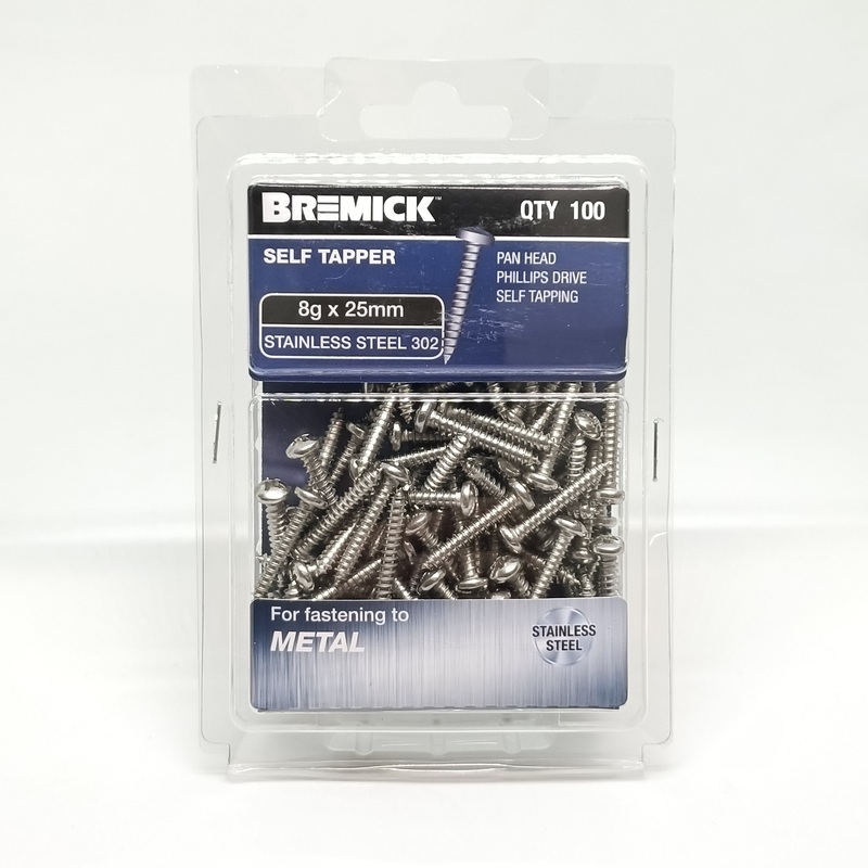 SCREW PAN HEAD SS 8G X 25MM PKT 100 BREMICK 112911