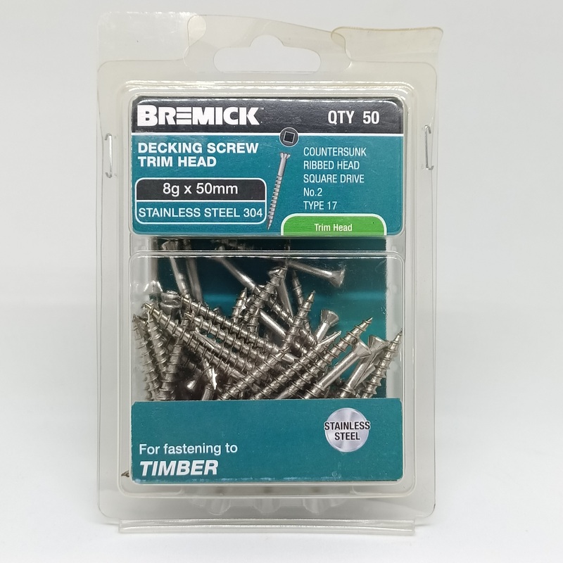 SCREW SS DECKING TRIM HEAD 8G X 50MM PKT 50 BREMICK 139260