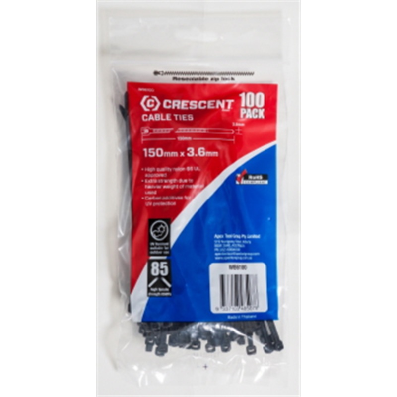 CABLE TIE 150MM BLACK NYLON PKT 100