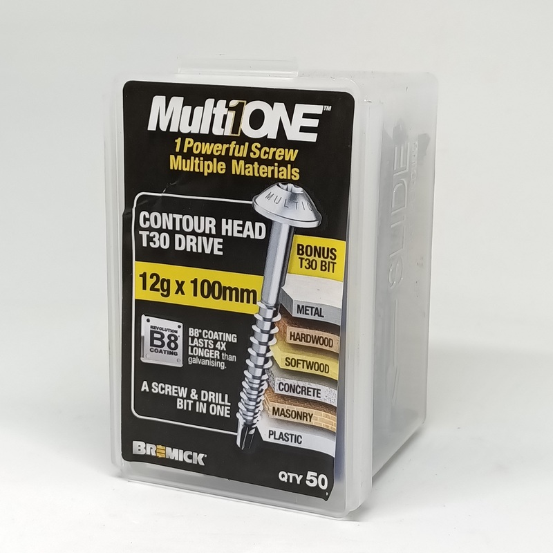 SCREW CONTOUR HEAD B8 T30 12G X 100MM BOX 50 BREMICK 420153