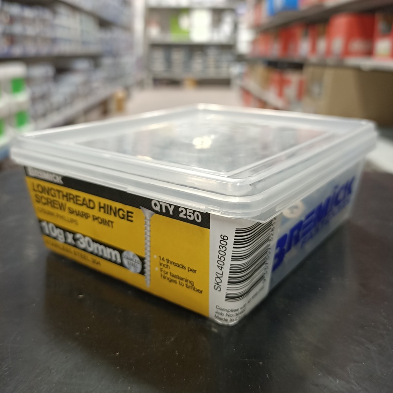 SCREW LONGTHREAD HINGE SS 10G X 30MM BOX 250 BREMICK 328121