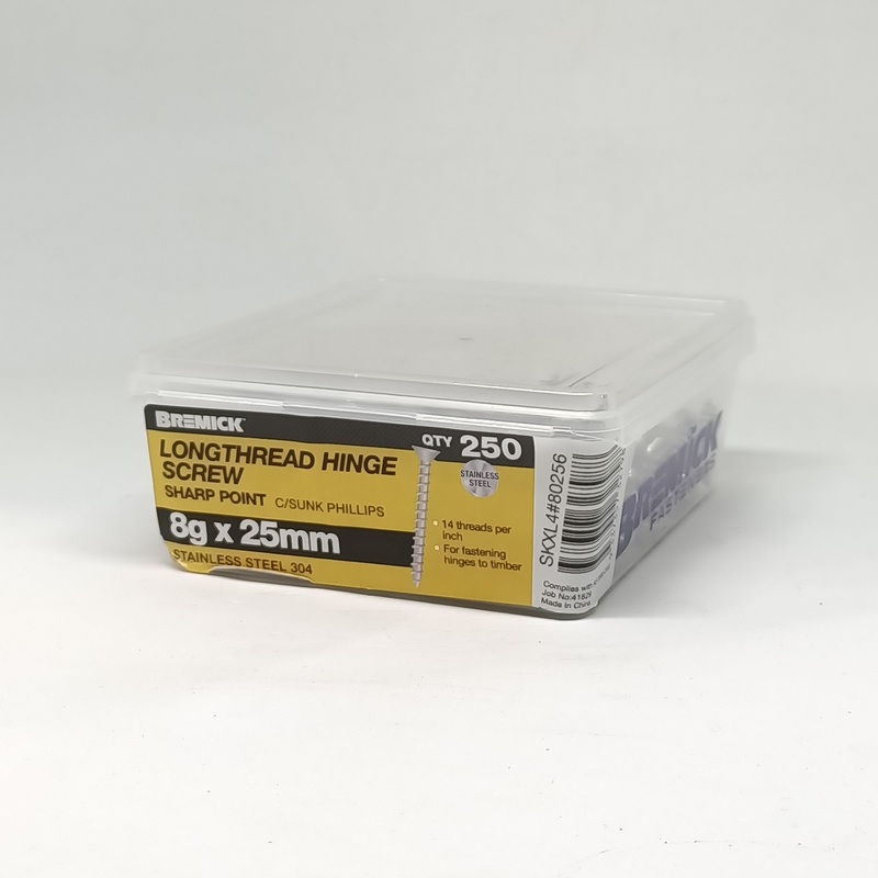 SCREW LONGTHREAD HINGE SS 8G X 25MM BOX 250 BREMICK 327988