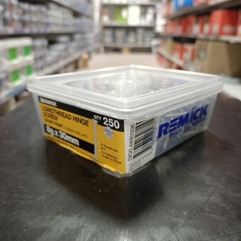 SCREW LONGTHREAD HINGE SS 8G X 30MM BOX 250 BREMICK 328145
