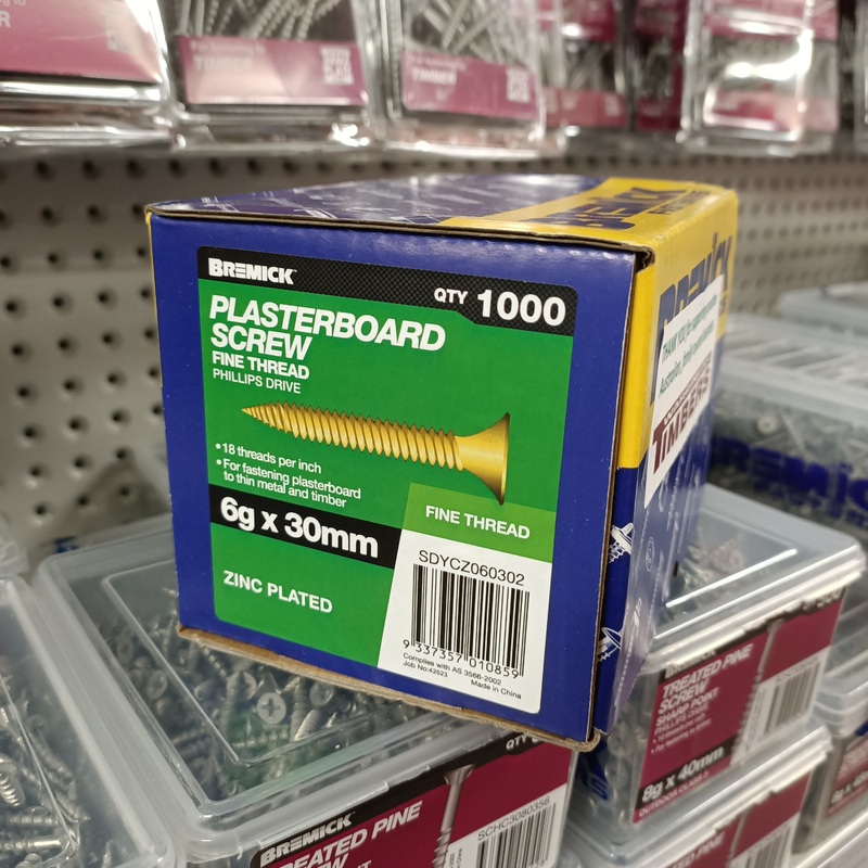 SCREW PLASTERBOARD 6G X 30MM BOX 1000 BREMICK 010859