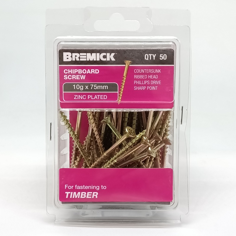 SCREW CHIPBOARD 10G X 75MM PKT 50 BREMICK 005480