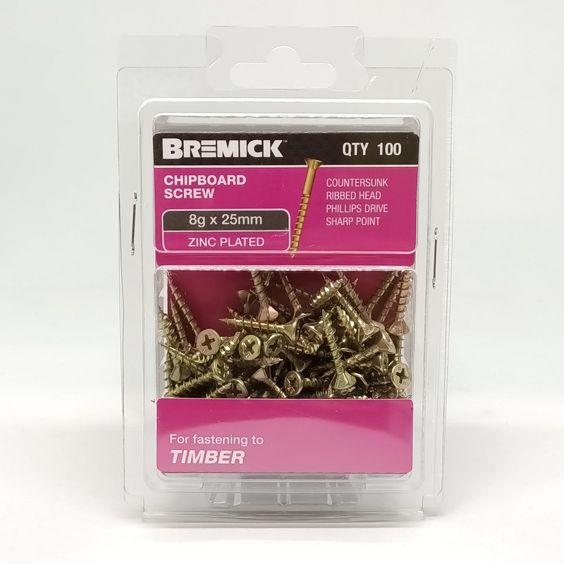 SCREW CHIPBOARD 8G X 25MM PKT 100 BREMICK 005398