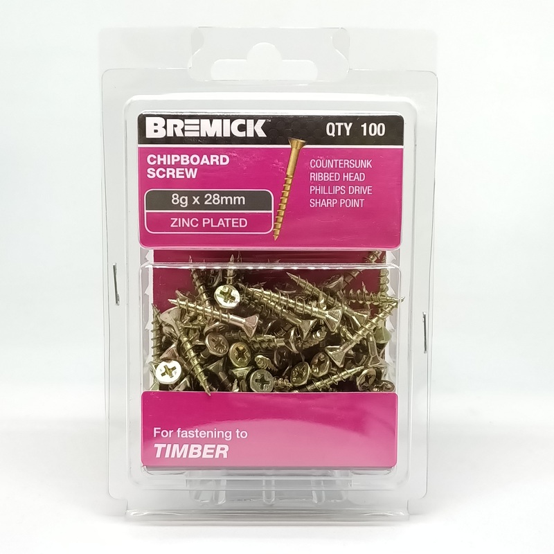 SCREW CHIPBOARD 8G X 28MM PKT 100 BREMICK 005404