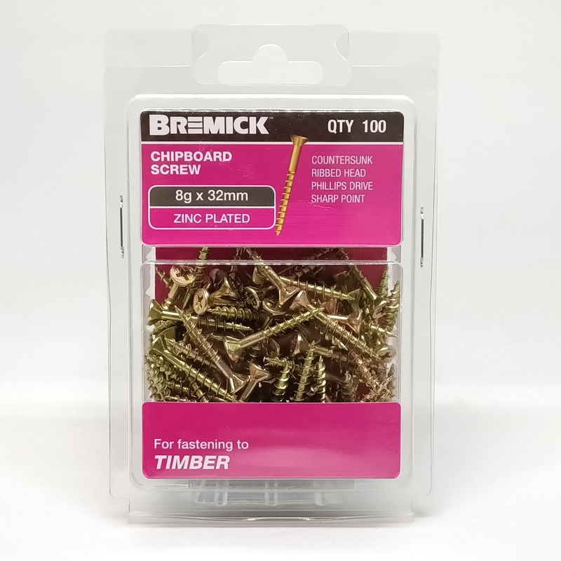 SCREW CHIPBOARD 8G X 32MM PKT 100 BREMICK 005411