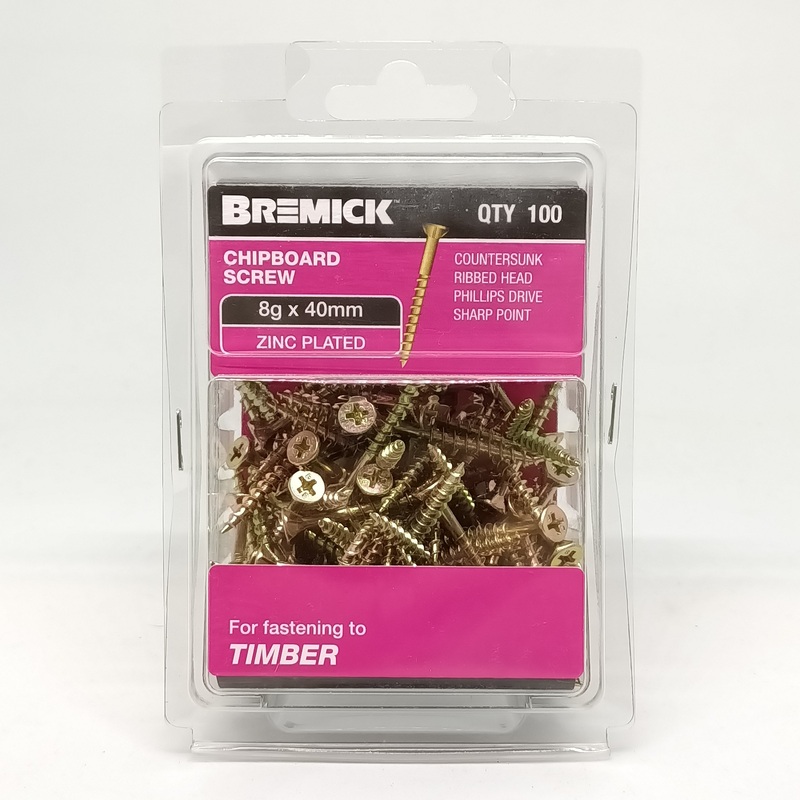 SCREW CHIPBOARD 8G X 40MM PKT 100 BREMICK 005435