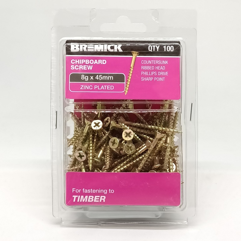 SCREW CHIPBOARD 8G X 45MM PKT 100 BREMICK 005442