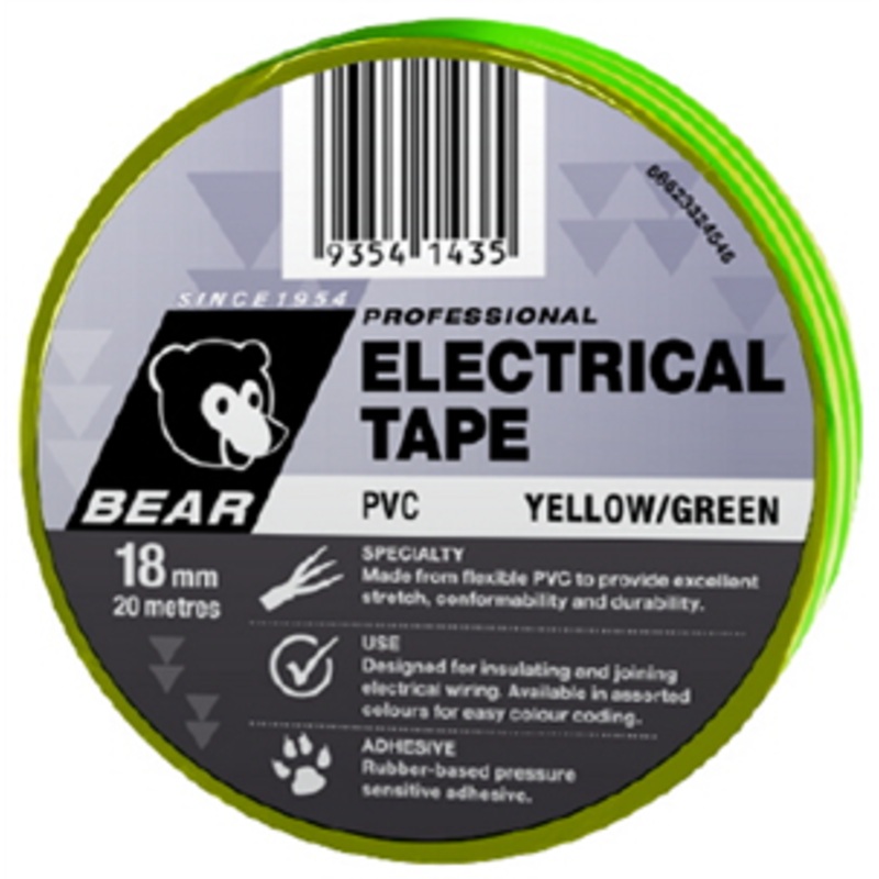 TAPE ELECTRICAL YELLOW GREEN EARTH 18MM X 20M BEAR