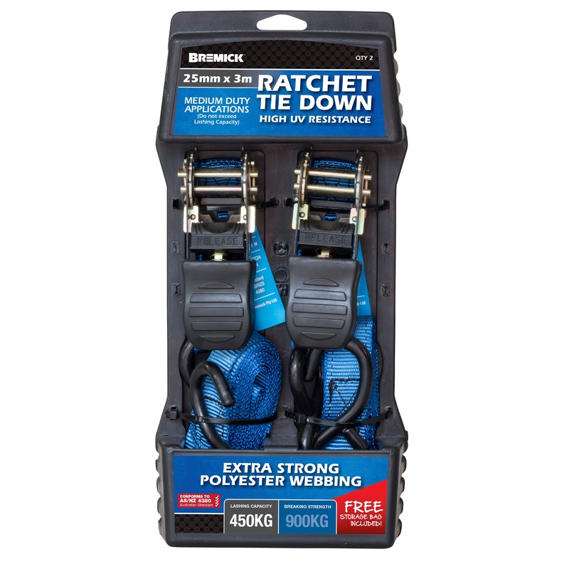 RATCHET TIE DOWN 25MM X 3M 450KG PKT 2 167904