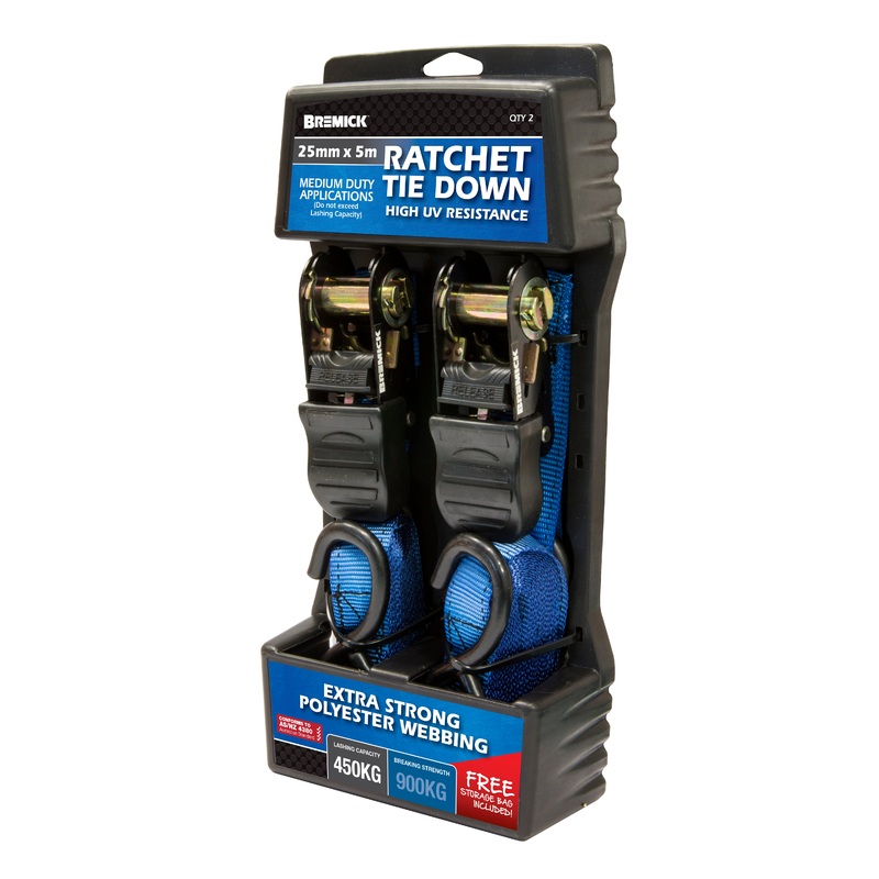 RATCHET TIE DOWN 25MM X 5M 450KG PKT 2 167942