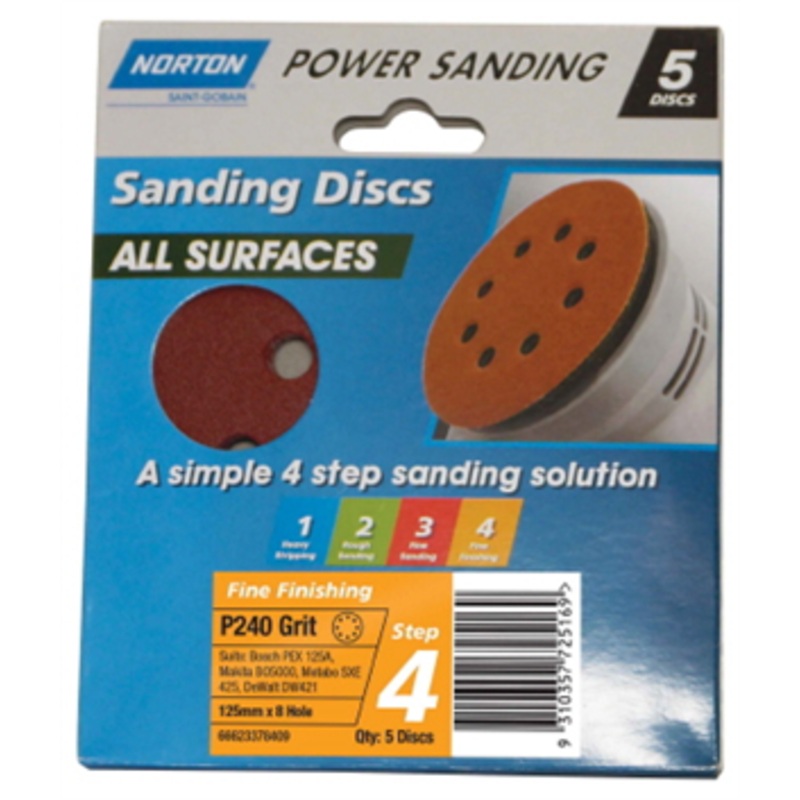 SANDING DISC 125MM 240 GRIT 8 HOLE PKT 5 NORTON