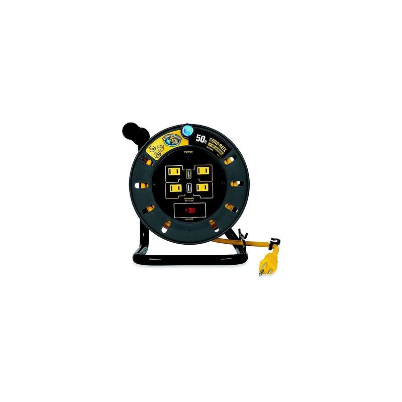 Camco 55291 Power Grip Extension Cord Reel With USB Charging Ports, 50′