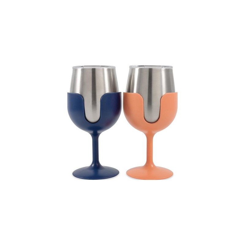Camco 51917 Wine Tumblers, 8 oz., Navy & Peach, 1 pr.