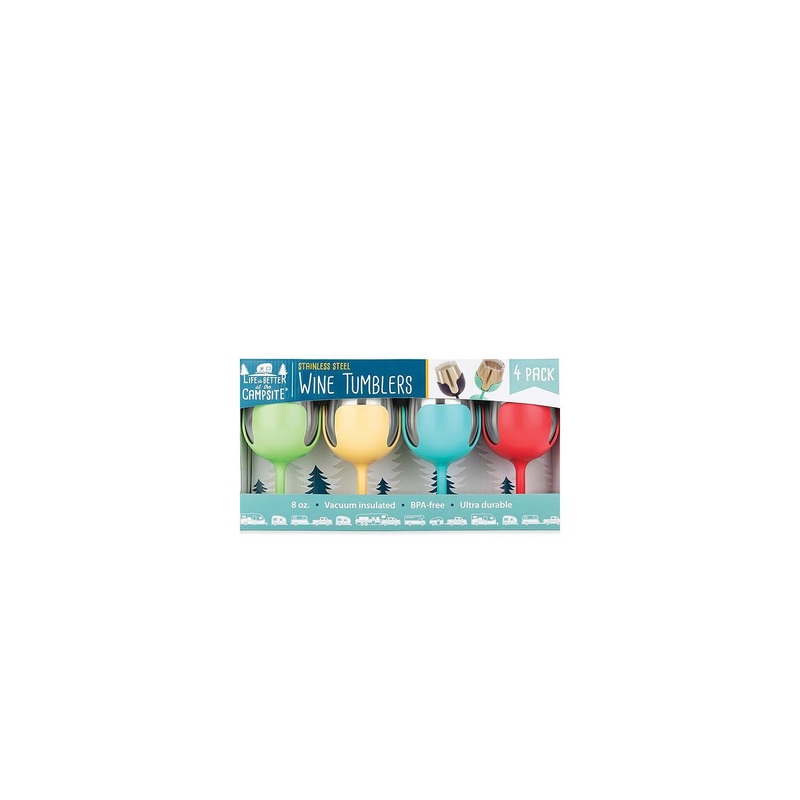 Camco 53068 Wine Tumblers, 8 oz., Pink, Blue, Green & Yellow, 4/pk