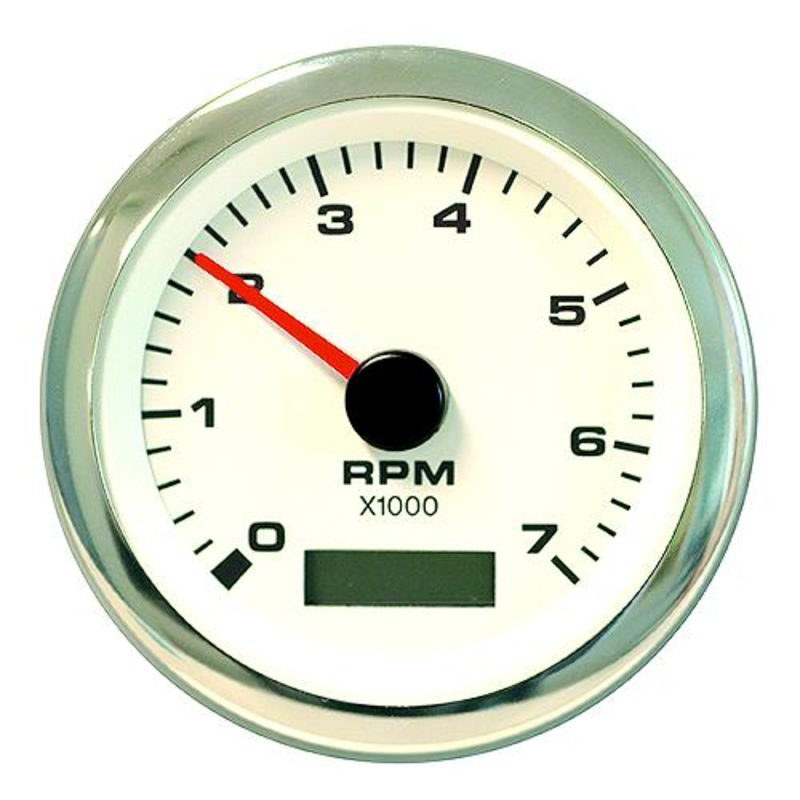 Sierra 62565P White Premier Pro Series 3 Stainless Steel Outboard & 4 Stroke Gas Engine 0-7,000 RPM Dial Range Tachometer & Hourmeter Gauge with Outboard Alternator or Coil Sender Code