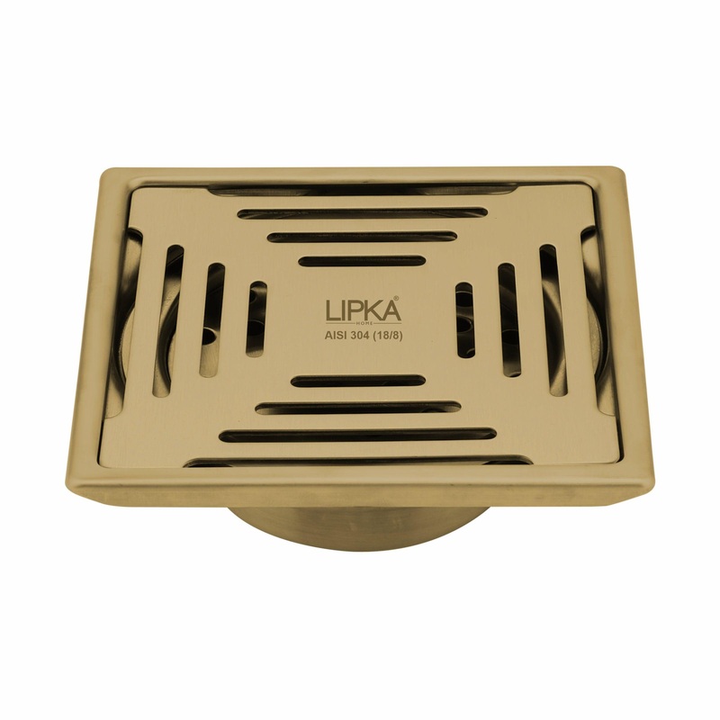 Green Exclusive Square Floor Drain in Yellow Gold PVD Coating (6 x 6 Inches) with Cockroach Trap – LIPKA