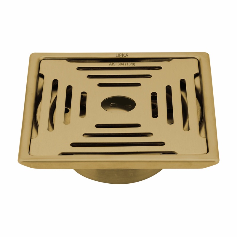 Green Exclusive Square Floor Drain in Yellow Gold PVD Coating (6 x 6 Inches) with Hole & Cockroach Trap – LIPKA