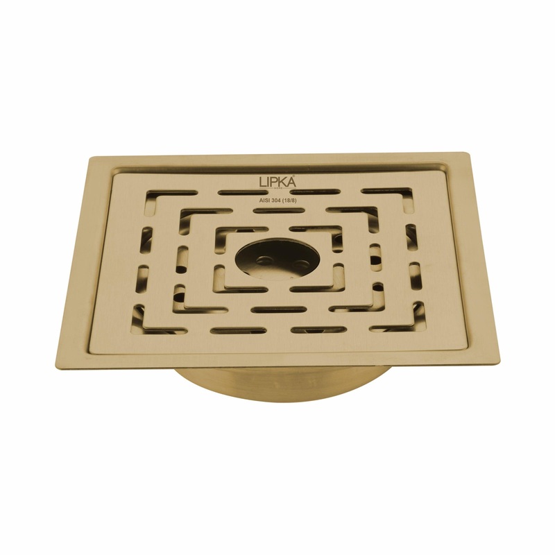 Orange Exclusive Square Flat Cut Floor Drain in Yellow Gold PVD Coating (6 x 6 Inches) with Hole & Cockroach Trap – LIPKA