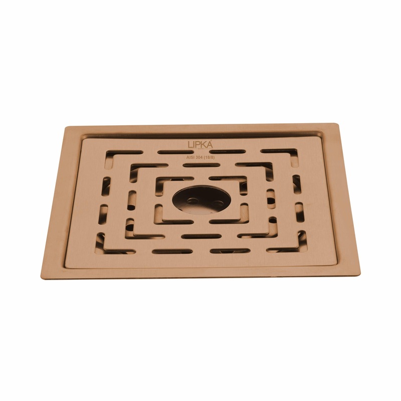 Orange Flat Cut Exclusive Square Floor Drain in Antique Copper PVD Coating (5 x 5 Inches) with Hole – LIPKA
