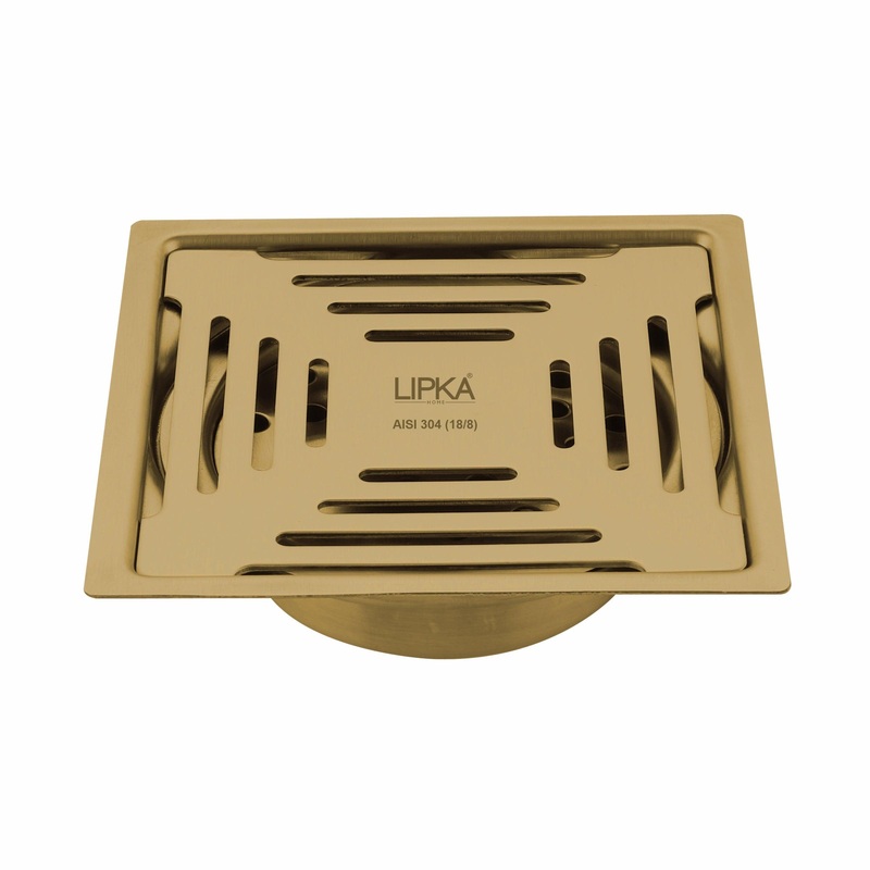 Green Exclusive Square Flat Cut Floor Drain in Yellow Gold PVD Coating (5 x 5 Inches) with Cockroach Trap – LIPKA