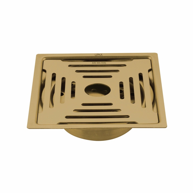 Green Exclusive Square Flat Cut Floor Drain in Yellow Gold PVD Coating (6 x 6 Inches) with Hole & Cockroach Trap – LIPKA