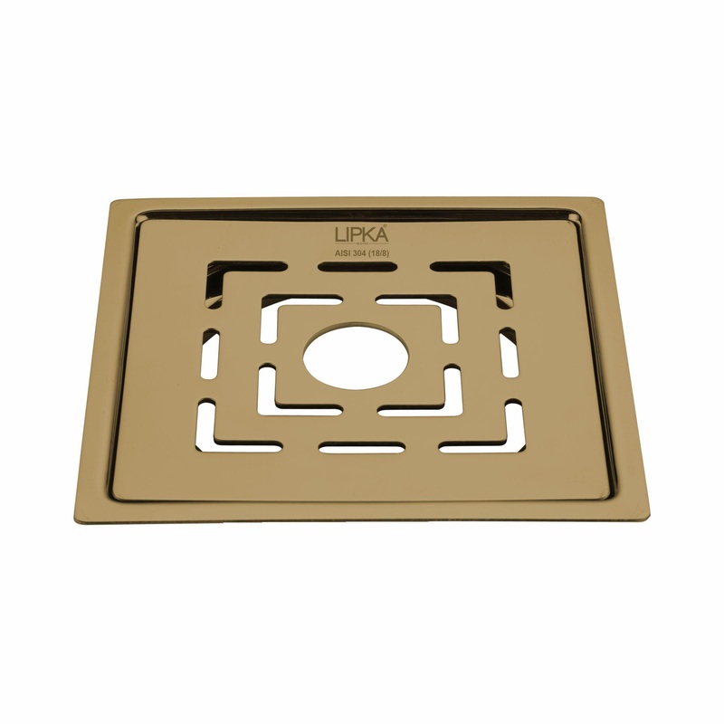 Orange Exclusive Square Flat Cut Floor Drain in Yellow Gold PVD Coating (6 x 6 Inches) with Hole – LIPKA