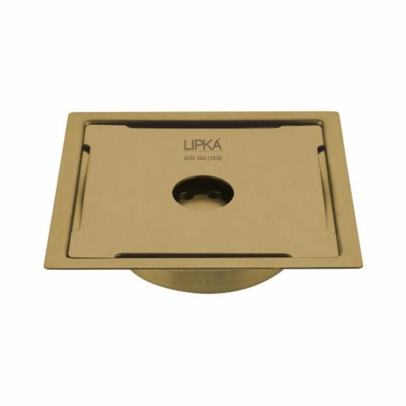 Yellow Exclusive Square Flat Cut Floor Drain in Yellow Gold PVD Coating (6 x 6 Inches) with Hole & Cockroach Trap – LIPKA